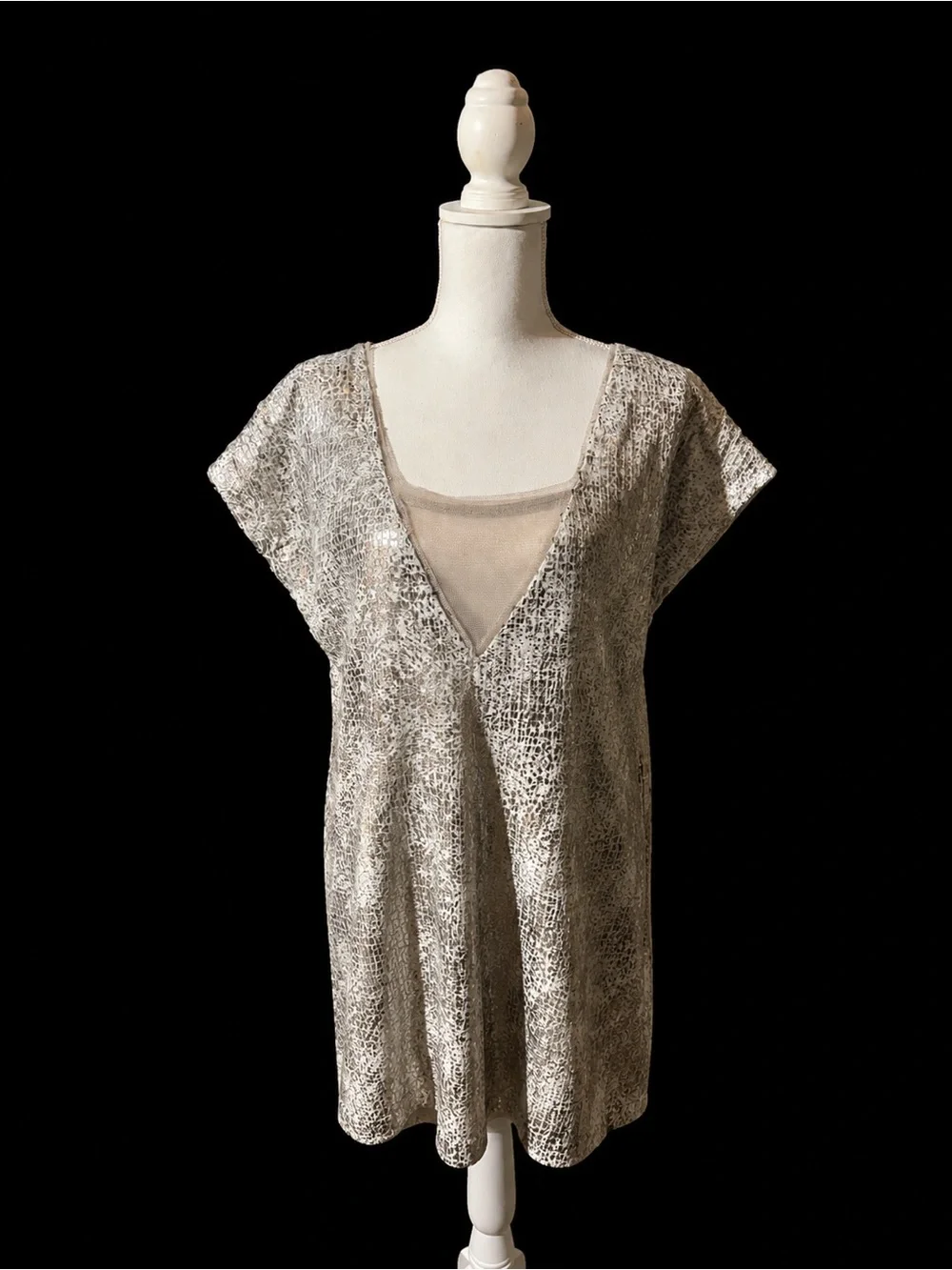 Free People Ivory Combo Sequin Mesh Tunic Mini Dress Size Medium NWT